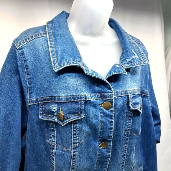 Avenue Denim Trucker Jacket Women's 22/24. Distressed with Leopard Print Cuffs.. - Picture 5 of 14